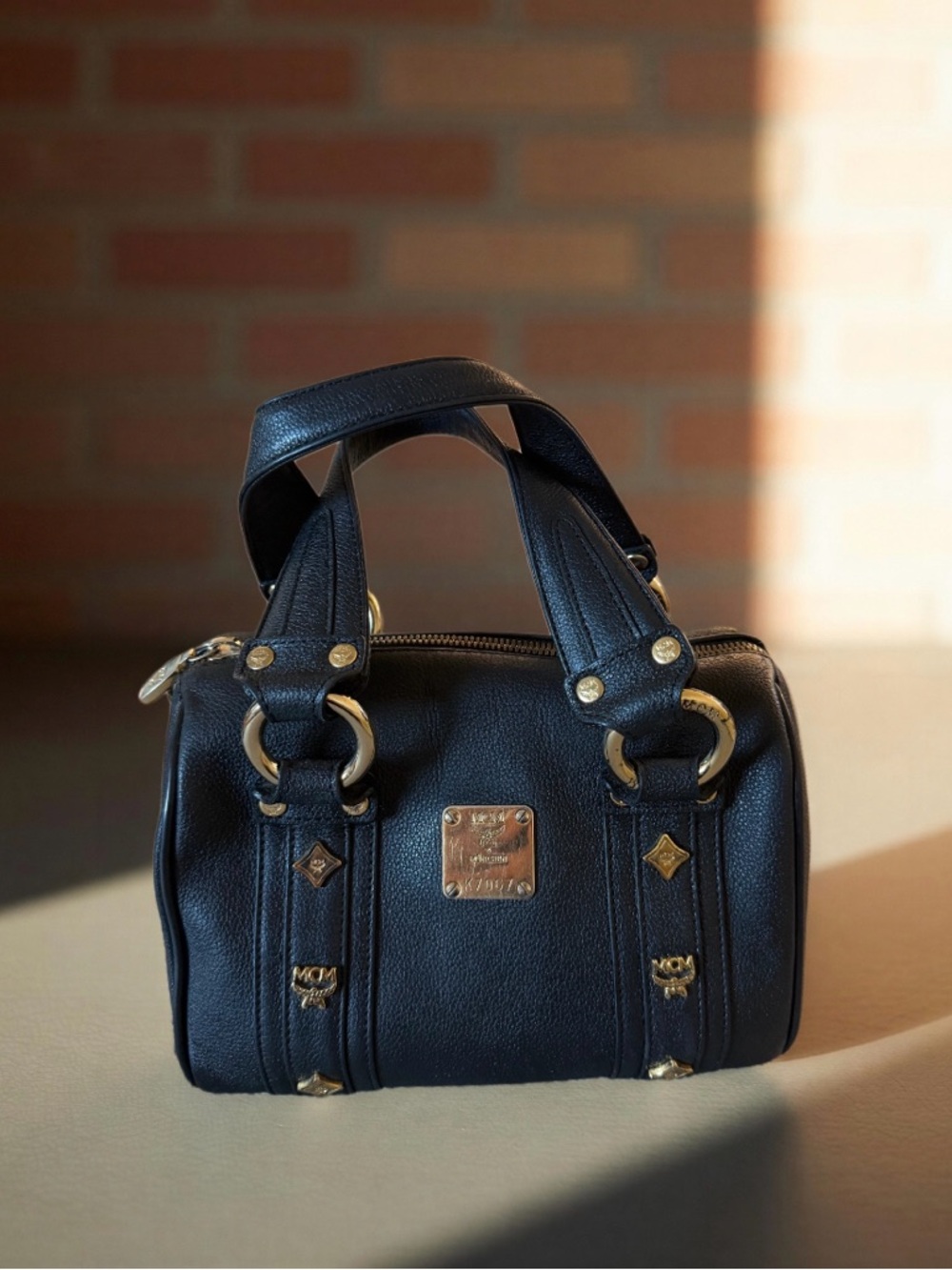 MCM Mini Black Leather Top-Handle Satchel with Gold Hardware